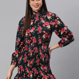 BAESD Floral Print High Neck Long Puff Sleeve Crepe Shirt Style Mini Dress-image-45