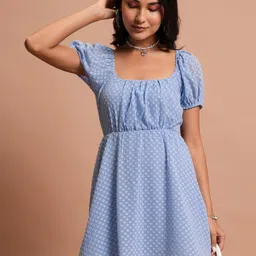Tokyo Talkies Blue Self Design A Line Mini Dress-image-66