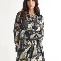 RAREISM Abstract Printed Shirt Collar Cuffed Sleeves Wrap Mini Dress-image-8