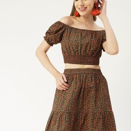 Moomaya Floral Printed Pure Cotton Off Shoulder Top With Skirt-image-63