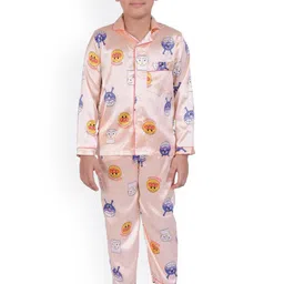 Zoom Minimondo Unisex Kids Peach Satin Night Suit Set-image-15