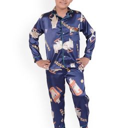 Zoom Minimondo Unisex Kids Blue & Beige Printed Night Suit-image-82