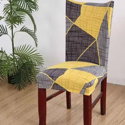 HOUSE OF QUIRK Grey & Yellow 4 Pcs Geometric Printed Stretchable Removable Chair Cover-16