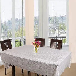 Kuber Industries White Self-Design Cotton 6-Seater Rectangular Table Cover-46