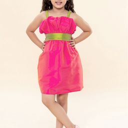 A T U N Girls Pink & Green Solid Fit and Flare Dress-picture-17