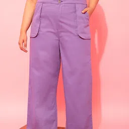 CURVY STREET Women Plus Size Lavender Relaxed Straight Leg Pure Cotton Trousers-image-67