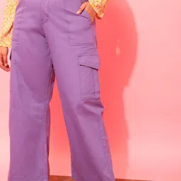 CURVY STREET Women Plus Size Lavender Relaxed Straight Leg Pure Cotton Trousers-picture-12