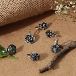Fida Set of 6 Silver Plated & Green Oxidised Nose Pins-24