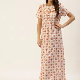MBeautiful Off White & Mustard Yellow Organic Cotton Floral Print Maxi Nightdress-23
