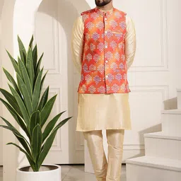 SOJANYA Band Collar Straight Kurta & Churidar with Nehru Jacket-picture-55