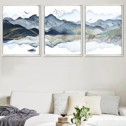 Art Street Unisex Set Of 3 White & Blue Mountain Nature Theme Framed Canvas Painting-image-9
