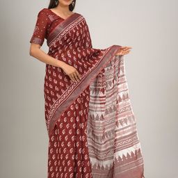 KIAARON Geometric Printed Zari Cotton Ikat Saree-image-23