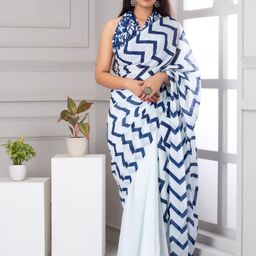 TROPWEAR Geometric Printed Pure Cotton Jaipuri Mulmul Half & Half Block Print Saree-10
