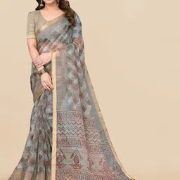 MIRCHI FASHION Grey & Brown Abstract Printed Zari Block Print Saree image 1