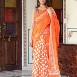 JALTHER Ethnic Motifs Pure Cotton Block Print Saree-image-31