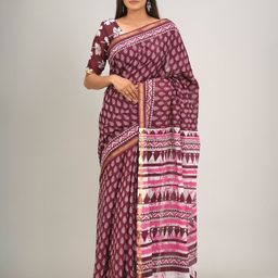 KIAARON Ethnic Motifs Pure Cotton Block Print Saree-image-79