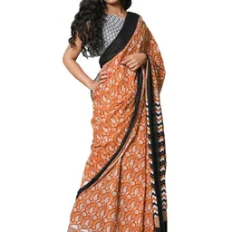 clothonus Mustard & Black Floral Pure Cotton Block Print Saree-image-82