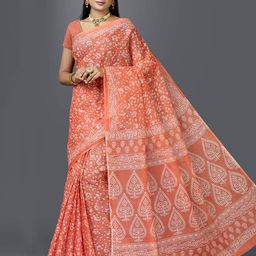 SHANVIKA Women Coral & White Floral Pure Cotton Block Print Saree-image-67
