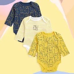 mothercare Infant Boy Yellow & Navy Blue Pack of 3 Pure Cotton Printed Bodysuits-image-63