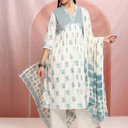 Vishudh Cream-Coloured Ethnic Printed Empire Pure Cotton Kurta With Palazzos & Dupatta-picture-10