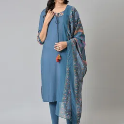 W Women Teal Ethnic Motifs Printed Kurta With Dupatta-17
