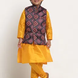 Benstoke Boys Yellow Solid Kurta with Churidar & Charcoal Grey Printed Nehrujacket-picture-23