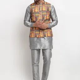 Benstoke Men Grey Printed Kurta With Pyjamas Printed Nehru Jacket-5