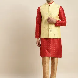SOJANYA Men Maroon Mirror Work Kurta with Churidar & Nehru Jacket-image-4