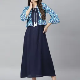 DEEBACO Navy Blue Cotton Tie-Up Neck A-Line Maxi Dress With Printed Shrug-picture-12