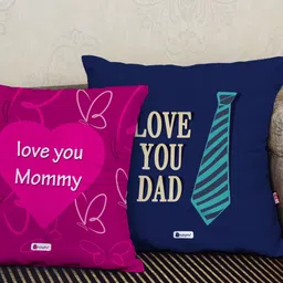 Indigifts Set Of 2 Multi-Coloured Mom Dad Love You Mommy & Dad Printed Square Floor Cushions-6