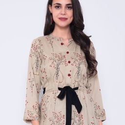 God Bless Beige Floral Print Mandarin Collar Cinched Waist Top-image-41