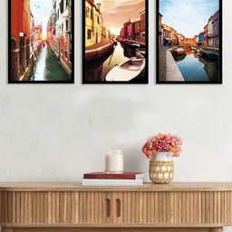 Art Street Set Of 3 Red & Black Printed City Lake Framed Canvas Painting Wall Art-15