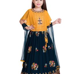 Tiny Kingdom Girls Mustard & Navy Blue Embellished Lehenga & Blouse With Dupatta-picture-3