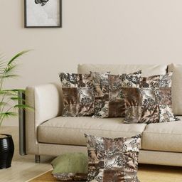 INDHOME LIFE Gold-Toned & Green Set of 5 Floral Velvet Square Cushion Covers-14