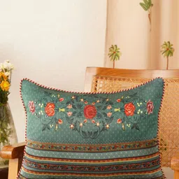 JAYPORE Green & Red Floral Printed Cotton Silk Rectangle Cushion Covers-0