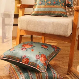JAYPORE Green & Red Floral Printed Square Cushion Cover-56