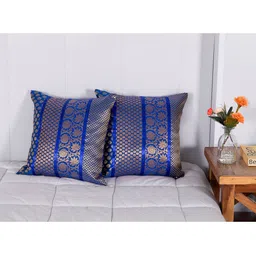 HANDICRAFT PALACE Blue & Gold-Toned Set of 2 Floral Square Cushion Covers-11