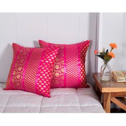 HANDICRAFT PALACE Pink & Gold-Toned Pack of 2 Ethnic Motifs Square Cushion Covers-12