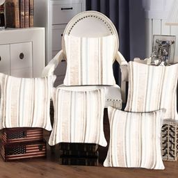 Tesmare Cream Toned & Beige 5 Pieces Striped Velvet Square Cushion Covers-image-5