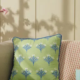 Pure Home and Living Green & Blue Embroidered & Embellished Linen Square Cushion Cover-30