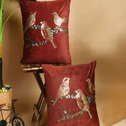 SHADES of LIFE Red & Gold-Toned Set of 2 Embroidered Square Cushion Covers-17