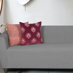 Ode & Cleo 2 Pcs Peach-Coloured & Maroon Embroidered Pure Cotton Square Cushion Covers-20
