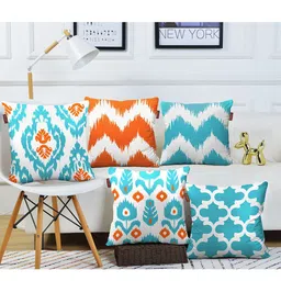 AEROHAVEN Turquoise Blue & Orange Set of 5 Abstract Square Cushion Covers-6