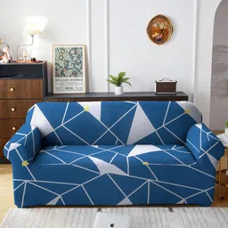 Cortina Navy Blue & White Printed 3-Seater Stretchable Non-Slip Sofa Slipcover-image-80
