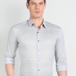 Arrow New York Slim Fit Horizontal Striped Twill Weave Formal Shirt-image-10
