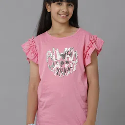 UNDER FOURTEEN ONLY Girls Extended Ruffle Sleeves Embellished Cotton T-shirt-picture-18