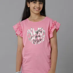 UNDER FOURTEEN ONLY Girls Sequin Embellished Ruffled Sleeves Cotton T-shirt-picture-1