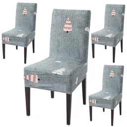 HOKIPO Grey & White 4 Pieces Printed Stretchable Chair Covers-13