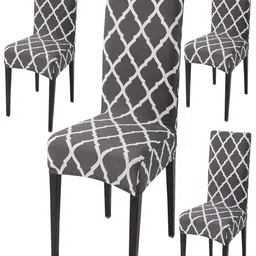HOKIPO Grey & White 4 Pieces Printed Stretchable Chair Covers-14