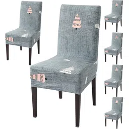 HOKIPO Grey & White 6 Pieces Printed Stretchable Chair Covers-15